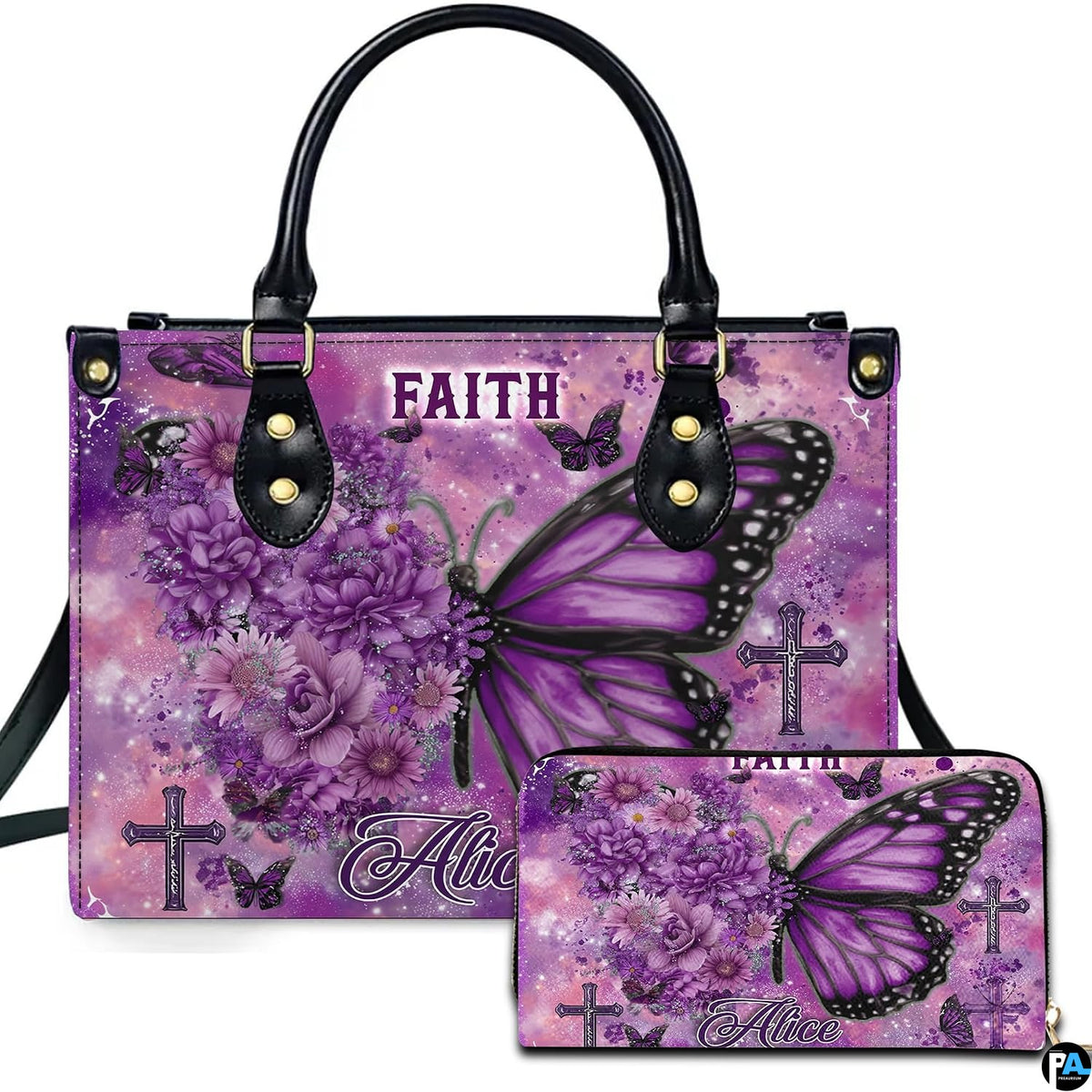 Purple floral butterfly cross handbag and matching wallet set against celestial violet background.