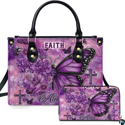 Purple floral butterfly cross handbag and matching wallet set against celestial violet background.