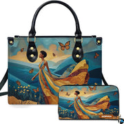 Front view showing African landscape gown accessory paired with matching companion item amid rolling blue hills.