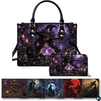 Gothic witch crystal ball raven handbag and matching wallet set on white background.