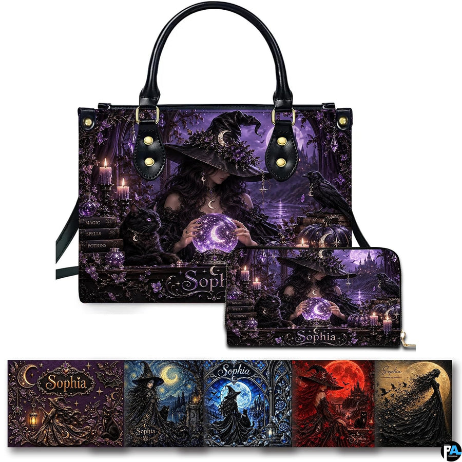 Gothic witch crystal ball raven handbag and matching wallet set on white background.