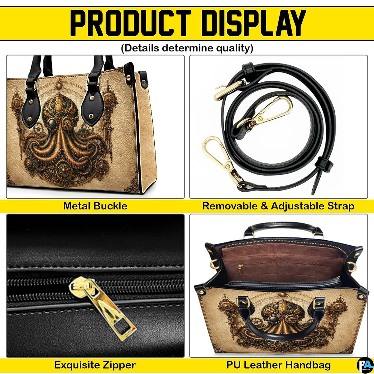 Top-down view of steampunk octopus handbag showing top zipper closure opening