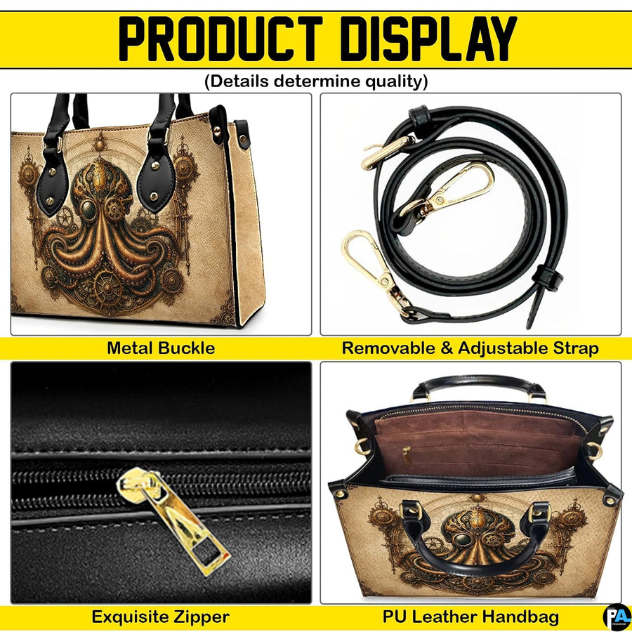 Top-down view of steampunk octopus handbag showing top zipper closure opening