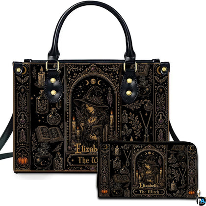 Gothic occult tarot handbag displayed beside matching companion wallet.