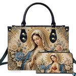 Immaculate Heart of Mary baroque relief artwork on coordinated handbag and wallet set