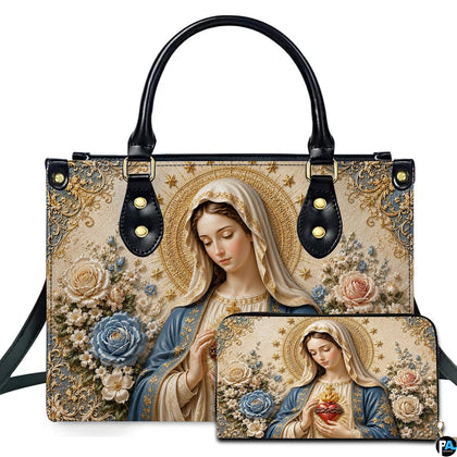 Immaculate Heart of Mary baroque relief artwork on coordinated handbag and wallet set