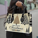 Street lifestyle view of holiday tree buffalo plaid handbag held by hand on sidewalk