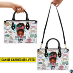 Side profile view of handbag showcasing continuous pastel medical doodle pattern