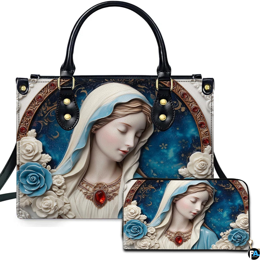 Porcelain cameo portrait of Virgin Mary with ruby pendant and sculpted roses on handbag and matching wallet.