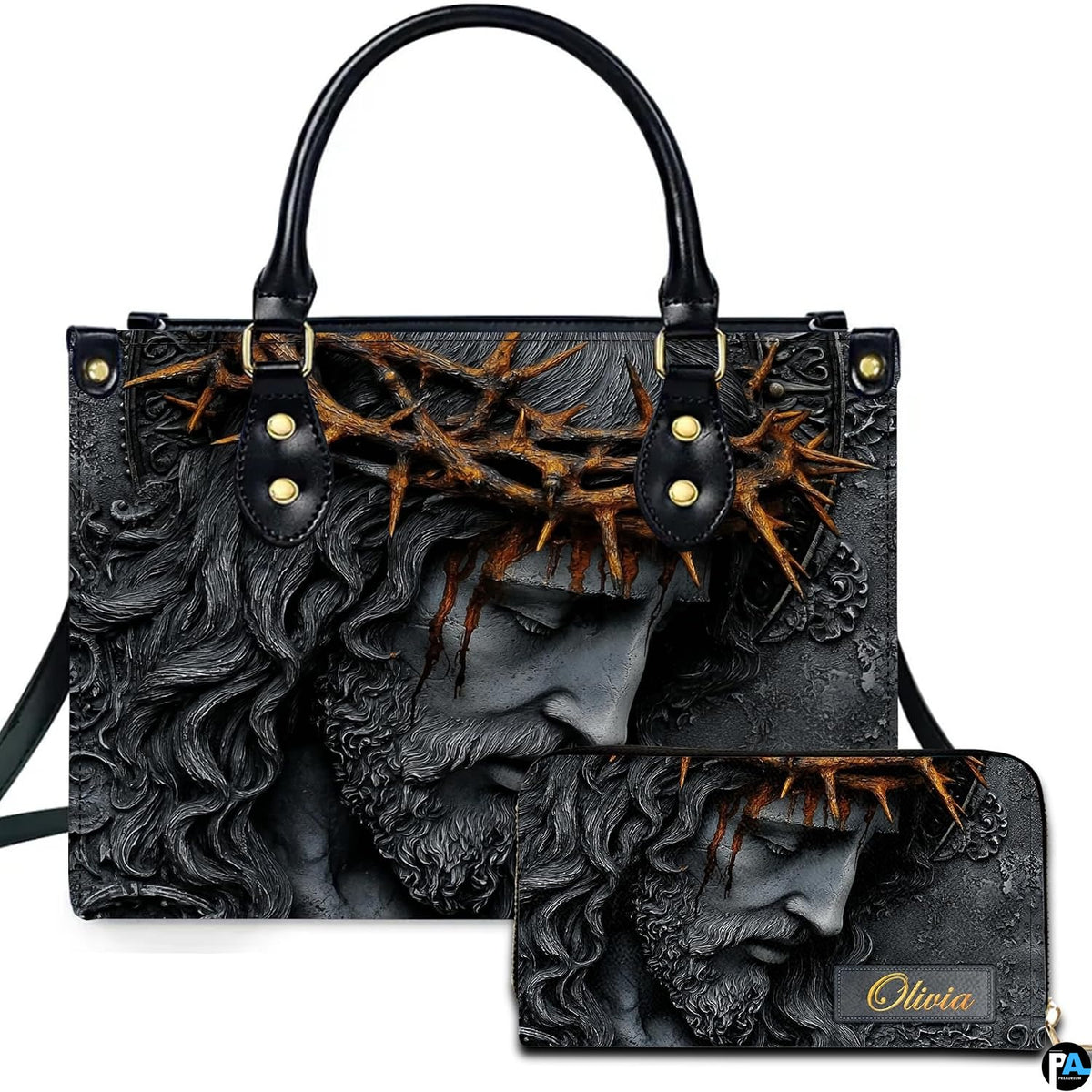Crown of thorns Christ sculptural relief handbag and matching wallet set