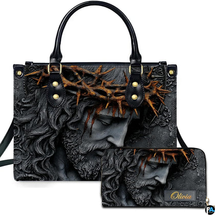 Crown of thorns Christ sculptural relief handbag and matching wallet set