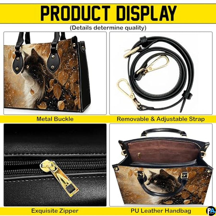 Black Cat Leather Bag – Vintage Cat Art Handbag, Stylish Animal-Themed Purse, Unique Gift for Cat Lovers