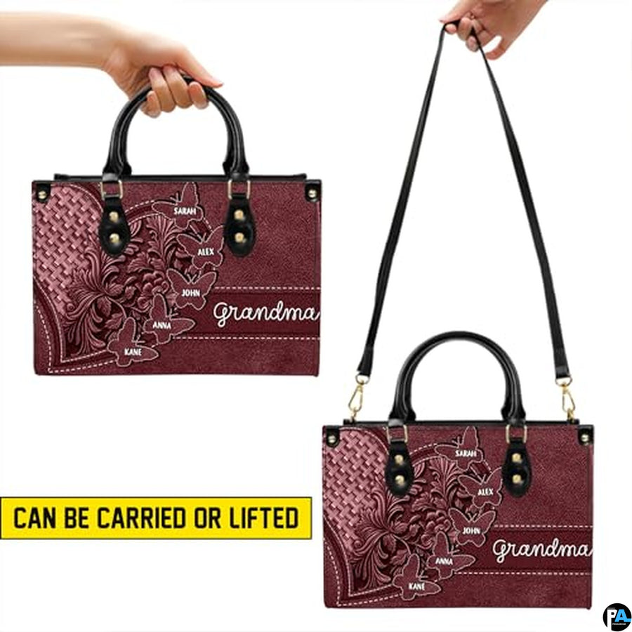 Mothers Day Gift Leather Bag- Personalized Grandmas Purse With Grandkids Names, Grandma Handbag Birthday Gifts For Mom Women