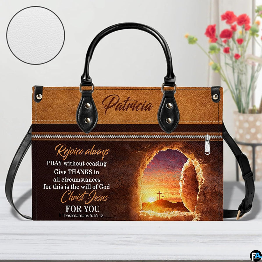 Front view of empty tomb handbag with circular textured material swatch overlay