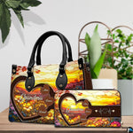 Upright showcase displaying stained glass floral sunrise artwork beside indoor garden foliage.