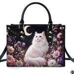 Front studio view showing fluffy white cat beneath crescent moon and blooming botanical garden.