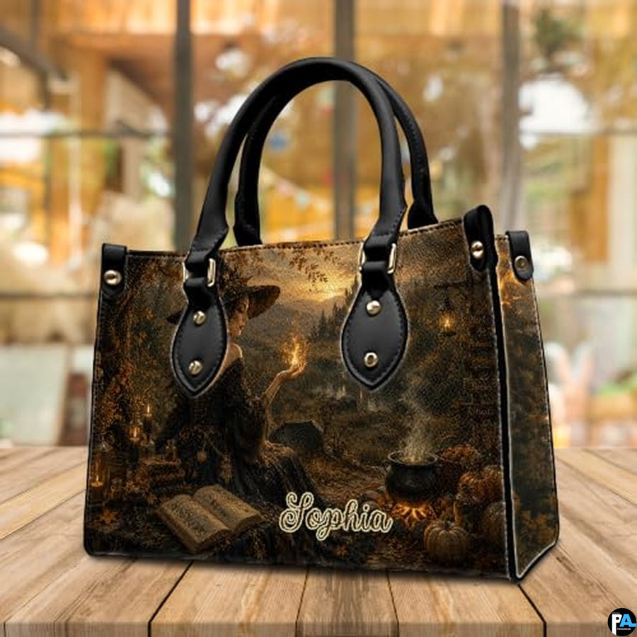 Personalized Witch Handbag with Purse, Custom Name Gothic Leather Bag Set for Women, Halloween Shoulder Bag, Witch Gift