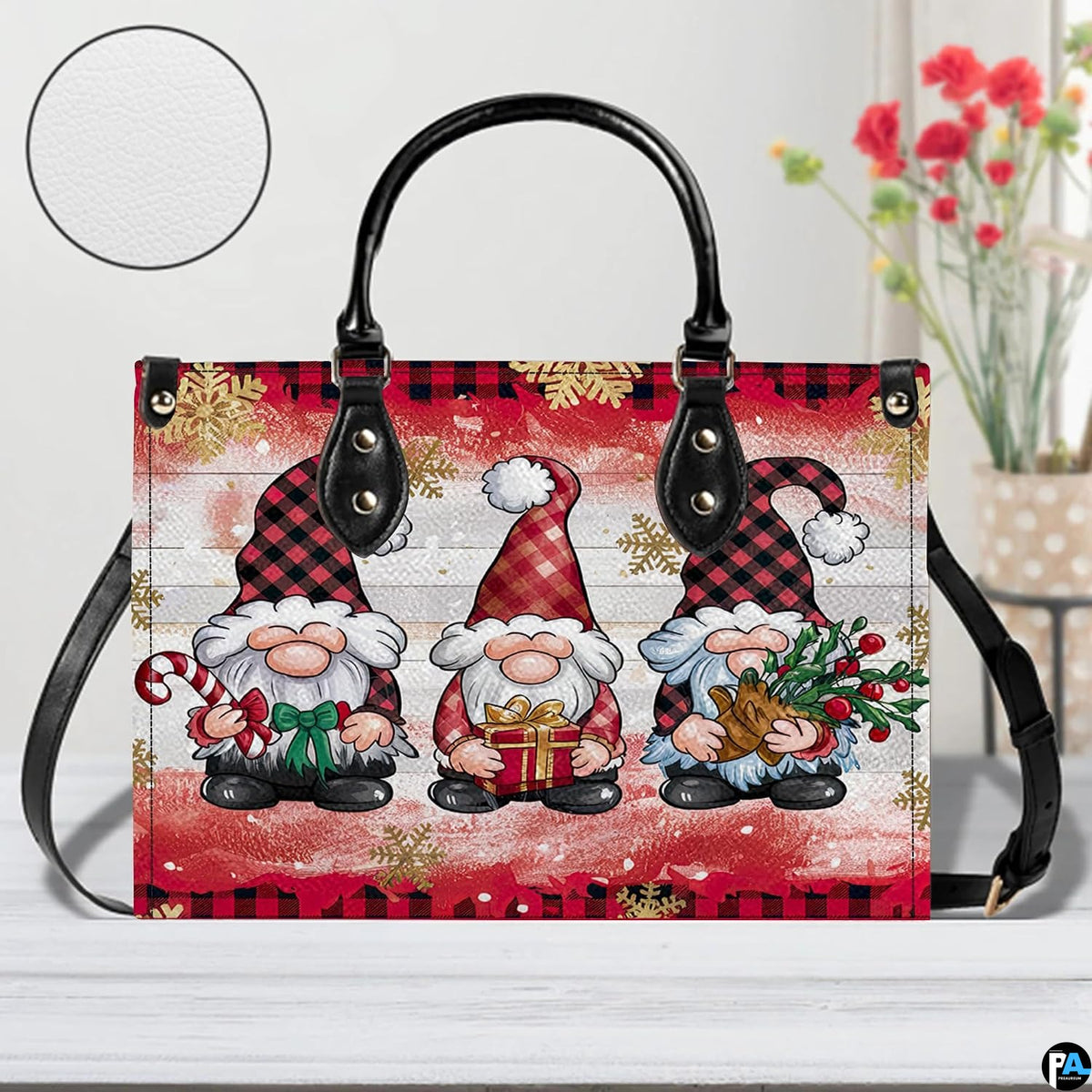 Front perspective of the holiday gnomes accessory placed on a light wooden surface with floral decor.