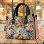 Back view of Madonna handbag featuring coordinated blush damask tapestry floral design