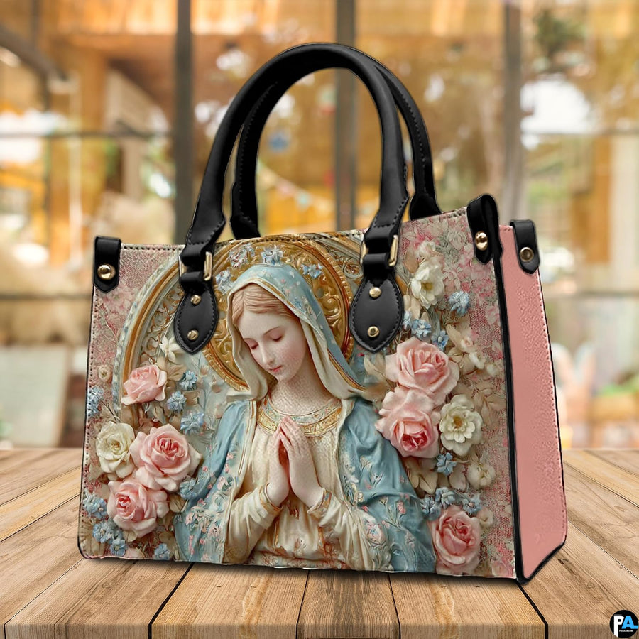 Back view of Madonna handbag featuring coordinated blush damask tapestry floral design