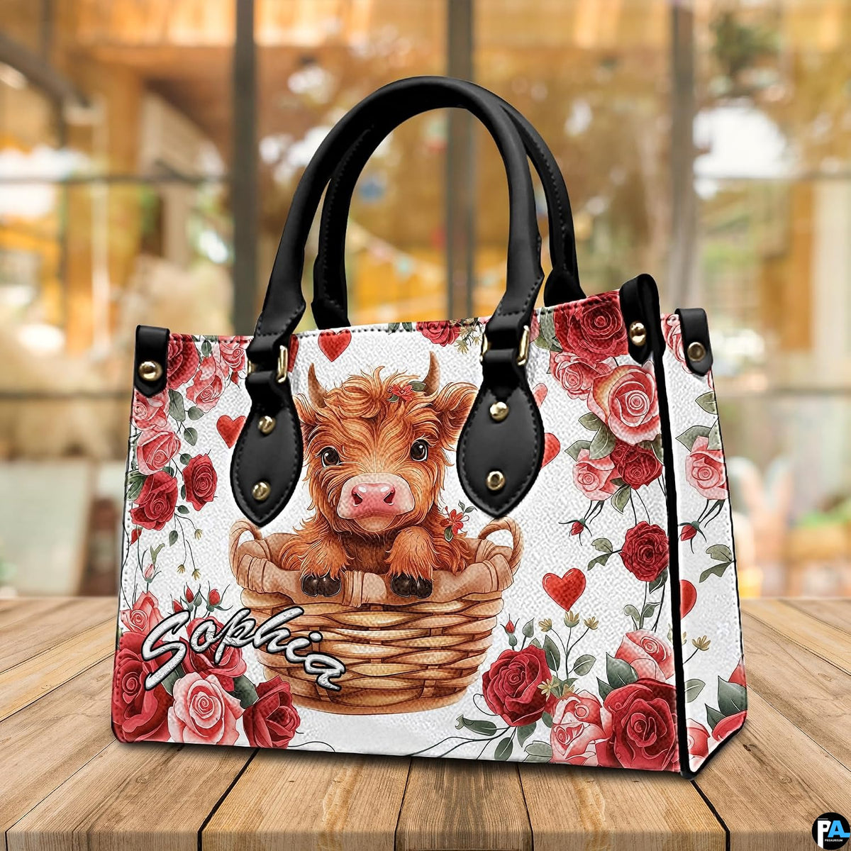 Three-quarter perspective highlighting the red rose floral border and cute basket calf illustration.