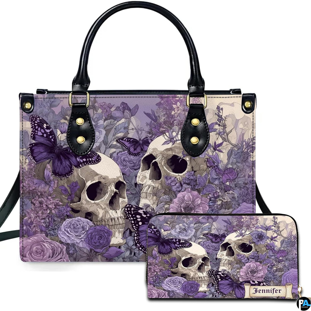 Gothic lavender rose skull butterfly handbag and matching wallet set on white background.