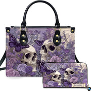 Gothic lavender rose skull butterfly handbag and matching wallet set on white background.