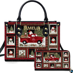 Vintage Christmas handbag and matching wallet featuring retro red truck and plaid framed snowmen.
