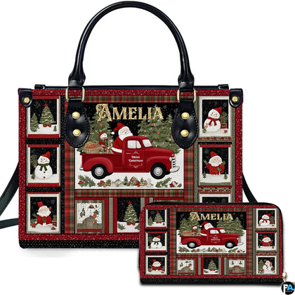 Vintage Christmas handbag and matching wallet featuring retro red truck and plaid framed snowmen.