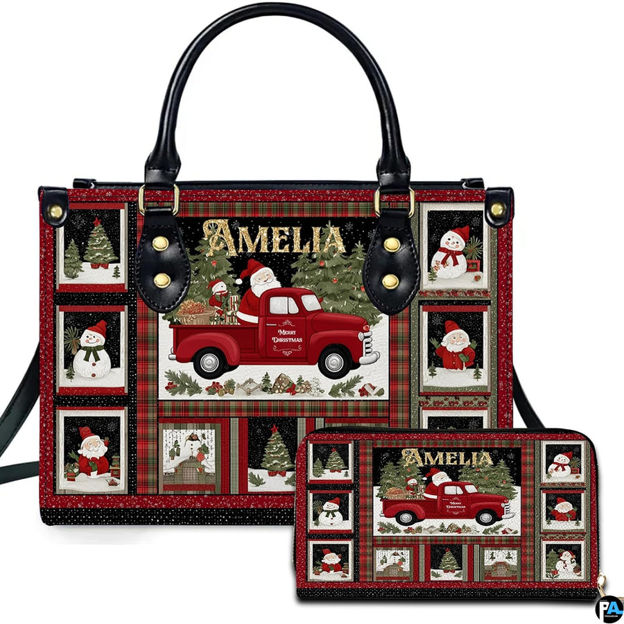 Vintage Christmas handbag and matching wallet featuring retro red truck and plaid framed snowmen.