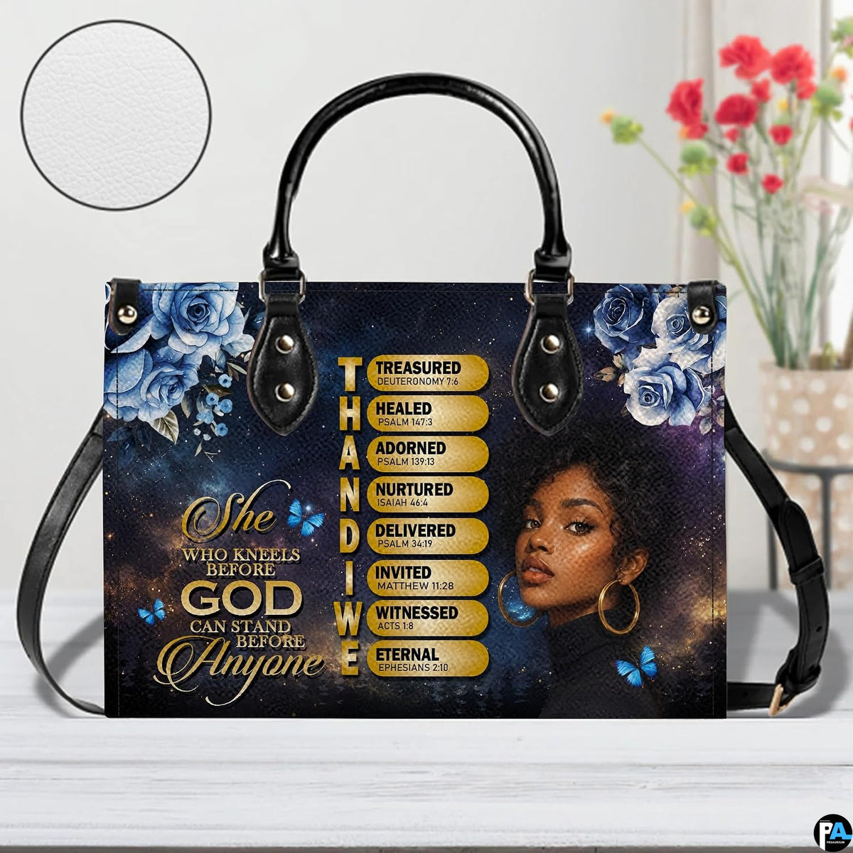 Companion accessory displaying Christian scripture artwork placed on a white surface in a studio.
