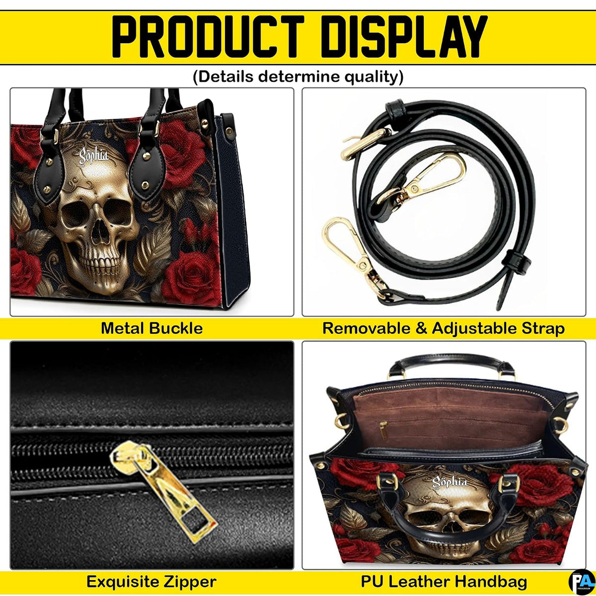 Golden skull handbag carried by top handle while walking outdoors along a residential street.