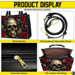Golden skull handbag carried by top handle while walking outdoors along a residential street.