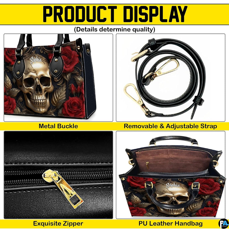 Golden skull handbag carried by top handle while walking outdoors along a residential street.