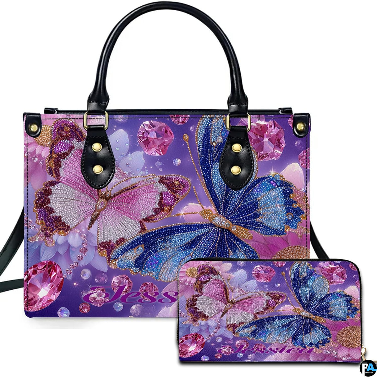 Twin crystal butterfly handbag and matching wallet set with blue and pink butterflies on lavender background.