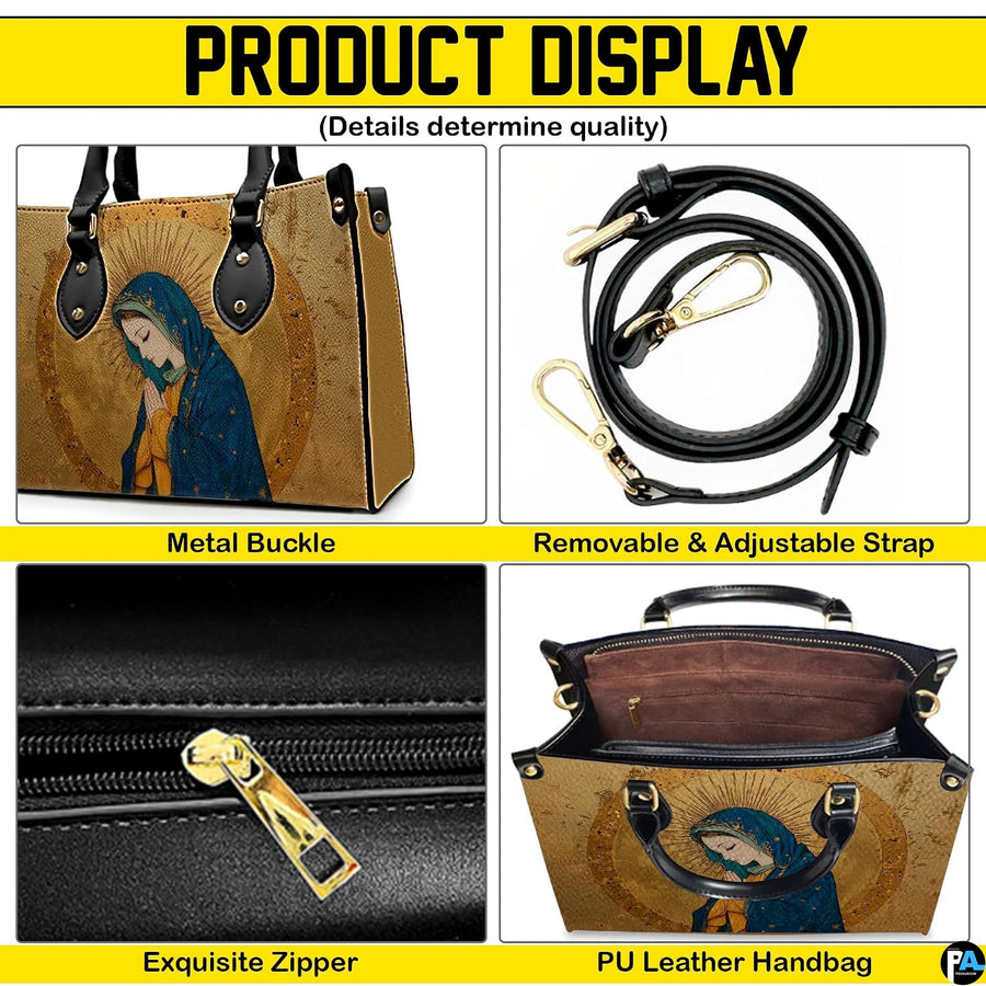 Four-panel product display showing views and structural details of gilded icon handbag.