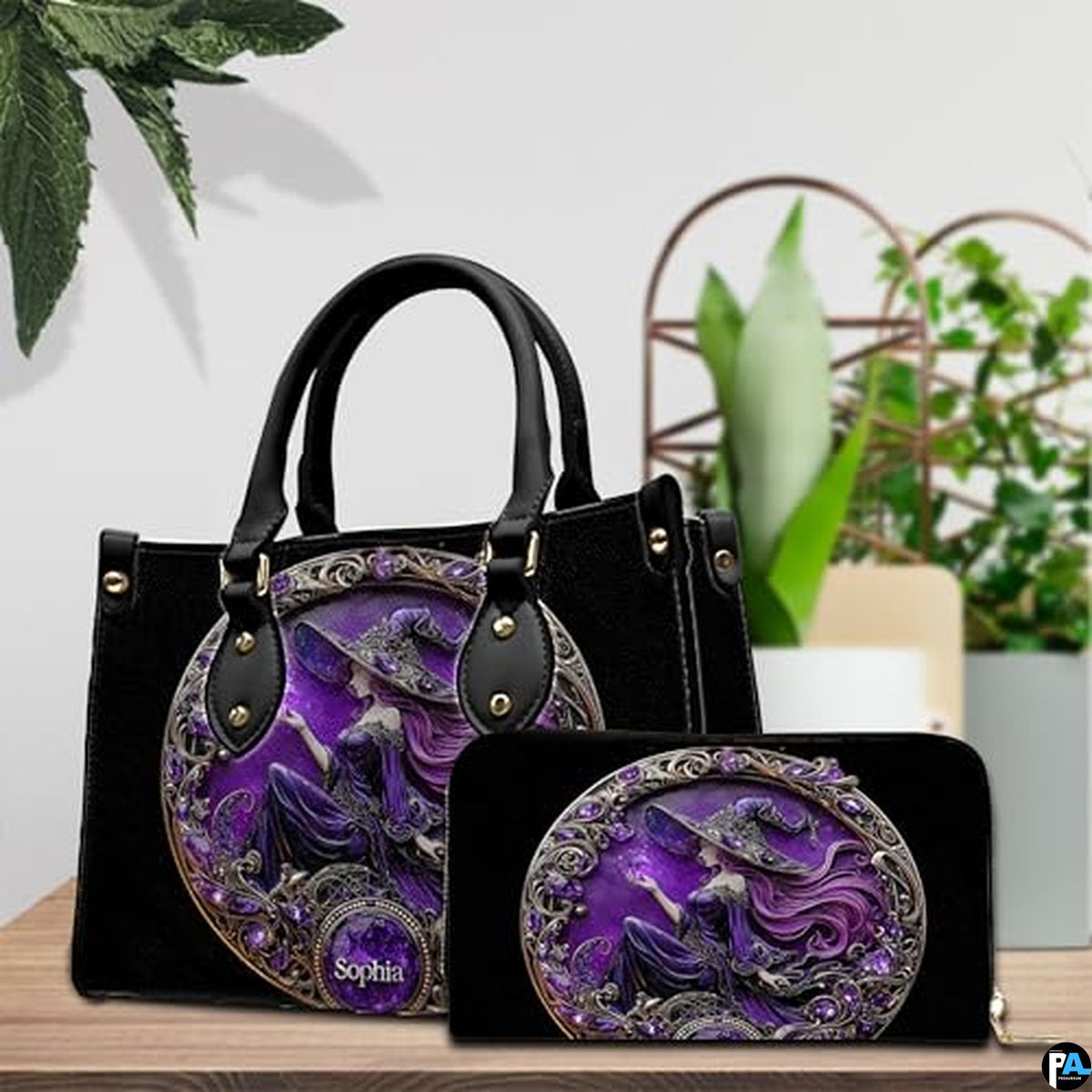 Personalized Halloween Leather Handbag – Custom Witch 3D Printing Effect Purses For Women – Spooky Gothic Shoulder Bag