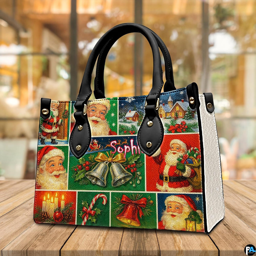 Front perspective view of vintage holiday handbag displayed on wooden tabletop.