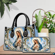 Interior view of white doves Madonna handbag showing spacious lining and compartment layout