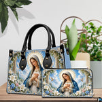 Interior view of white doves Madonna handbag showing spacious lining and compartment layout