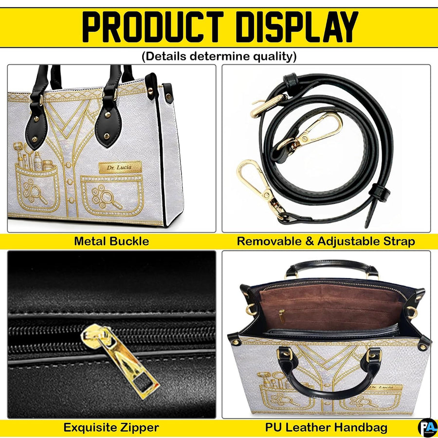 Lifestyle scale display presenting the relative proportions of the dermatologist handbag when carried.