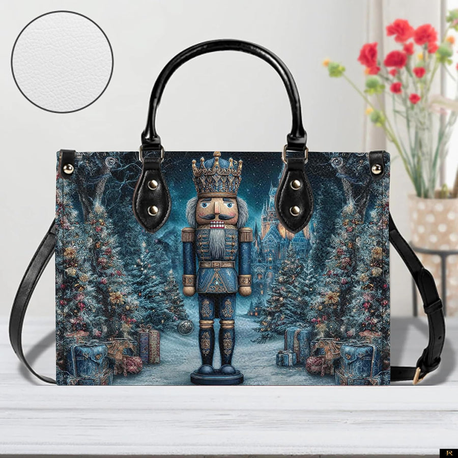 PREAUREUM "Santa, Snowman & Nutcracker Prints Festive Purse" Personalized Christmas Leather Handbag