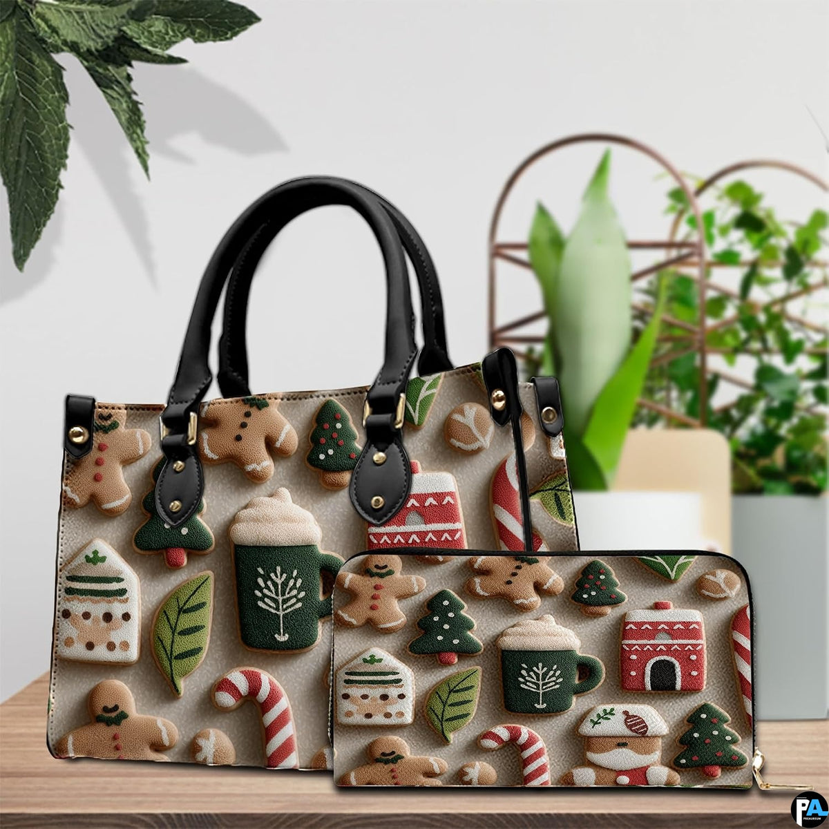 Tabletop presentation showing gingerbread holiday confectionery pattern beside houseplant.