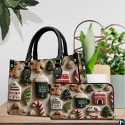 Tabletop presentation showing gingerbread holiday confectionery pattern beside houseplant.