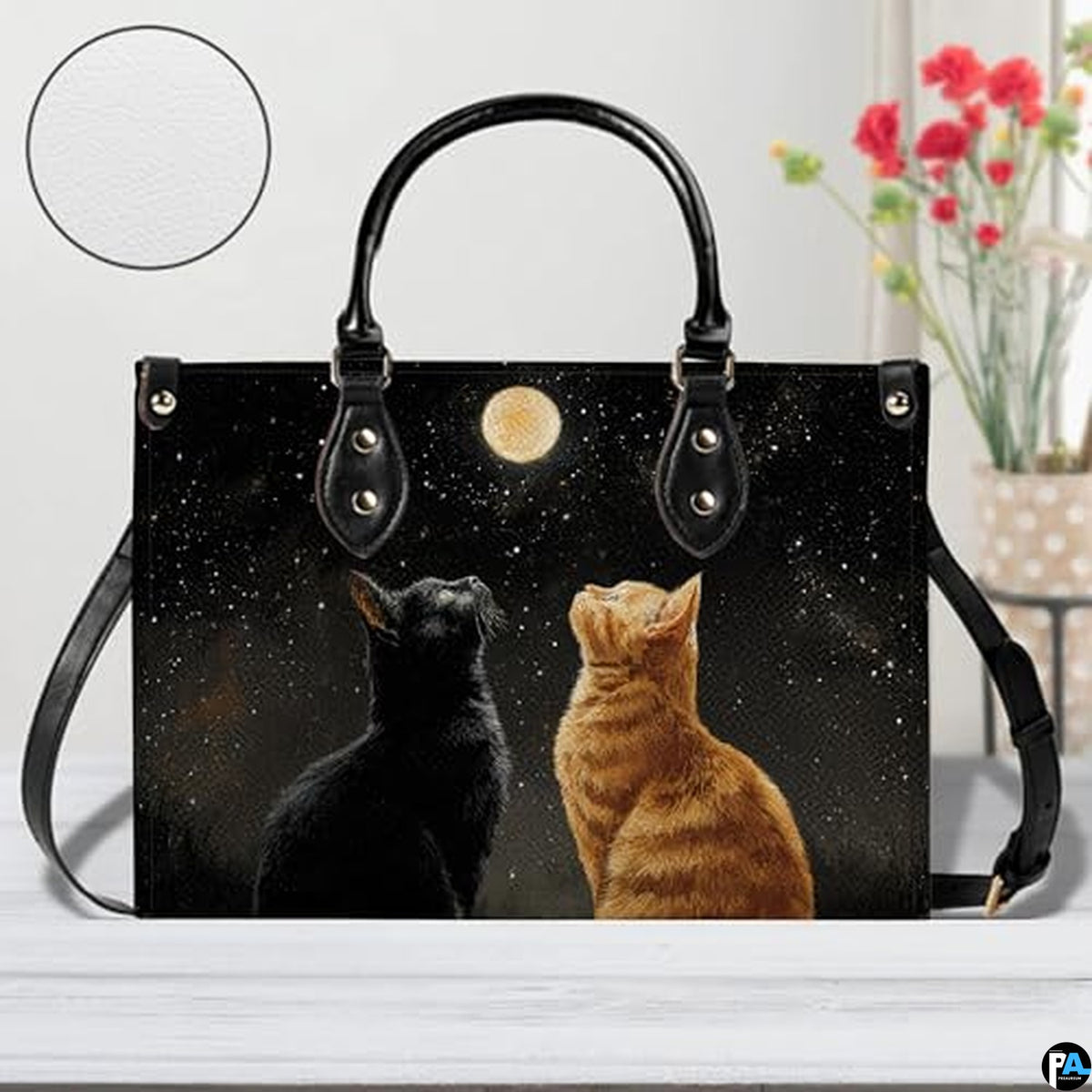 Black Cat Leather Bag – Vintage Cat Art Handbag, Stylish Animal-Themed Purse, Unique Gift for Cat Lovers