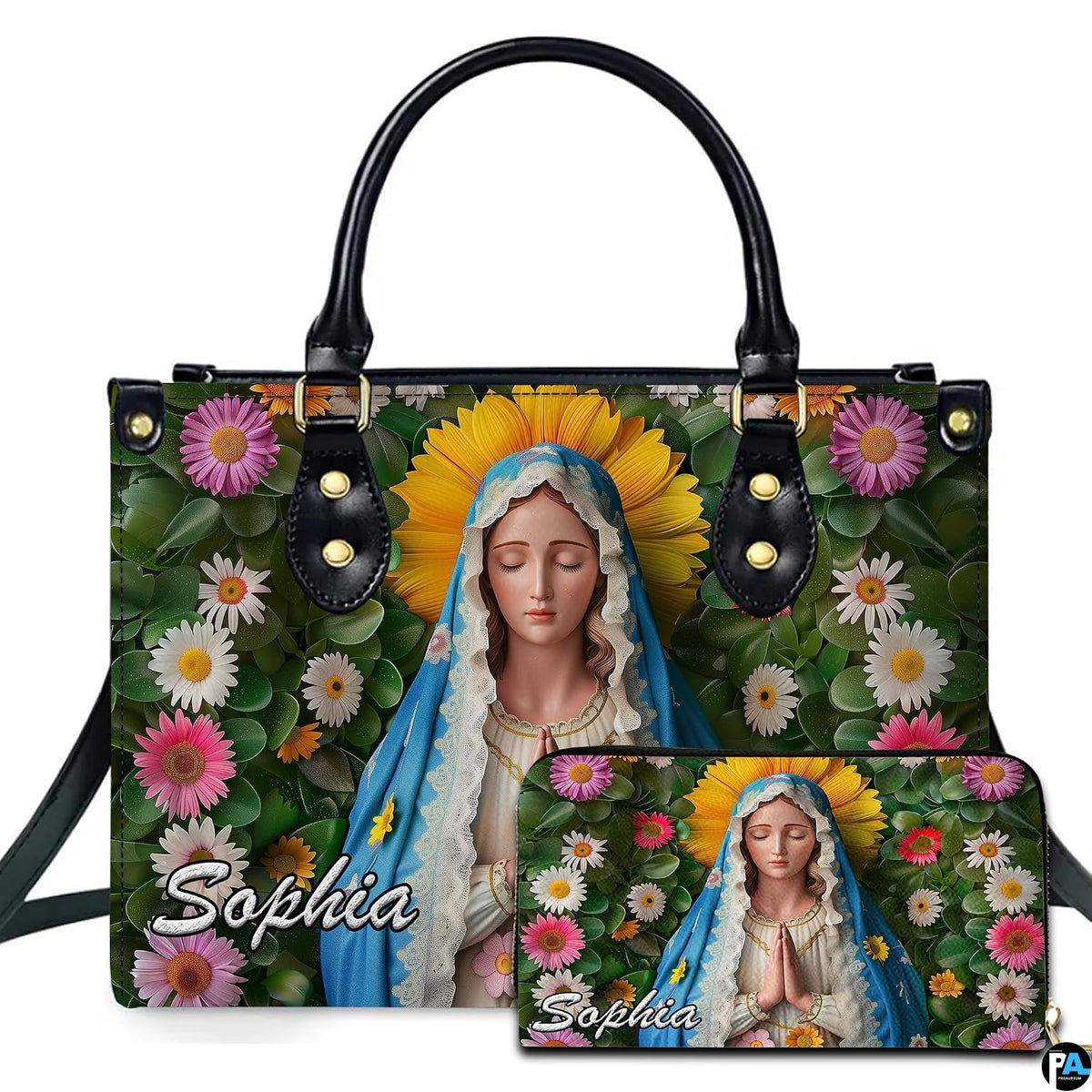 Virgin Mary with sunflower halo and daisy garden artwork on handbag with matching wallet