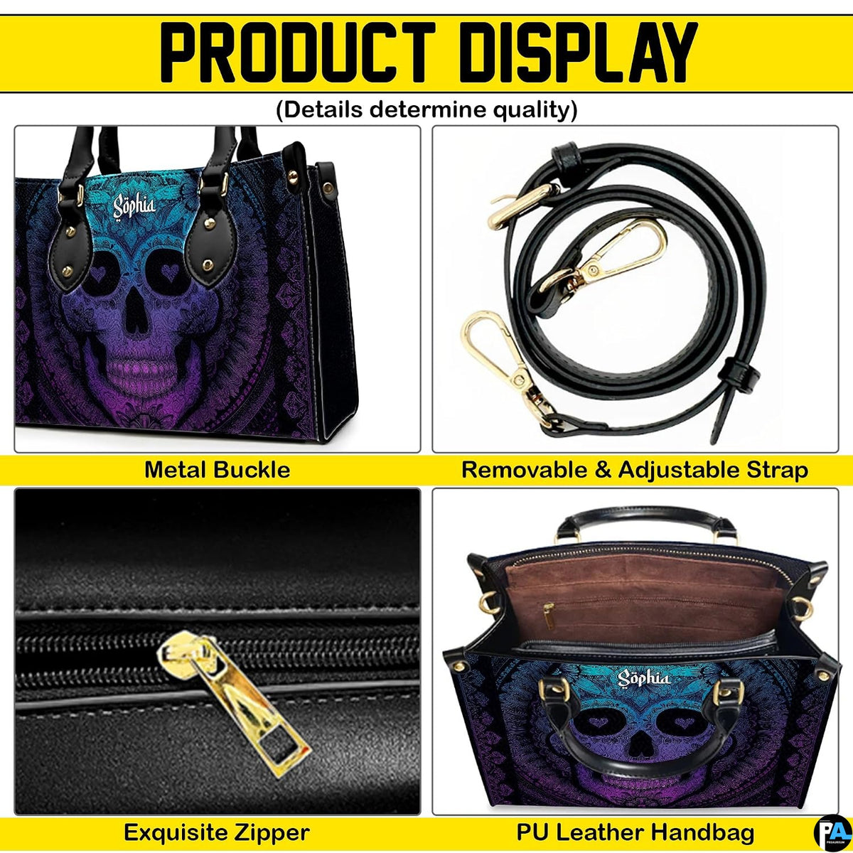Four-panel showcase illustrating design details, hardware, and interior layout.