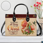 Perspective tabletop display of the scripture rose handbag with circular material texture swatch.