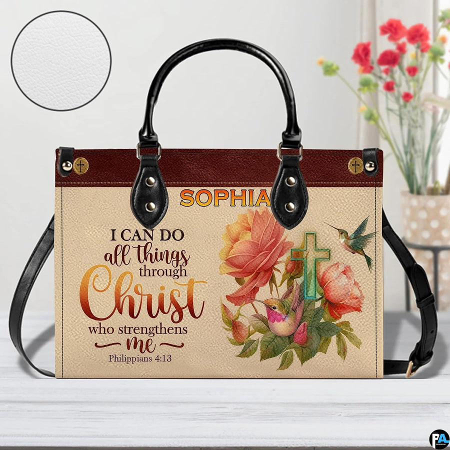 Perspective tabletop display of the scripture rose handbag with circular material texture swatch.