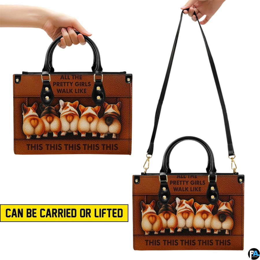 Graphic demonstration presenting handheld and shoulder carrying variations for corgi design.